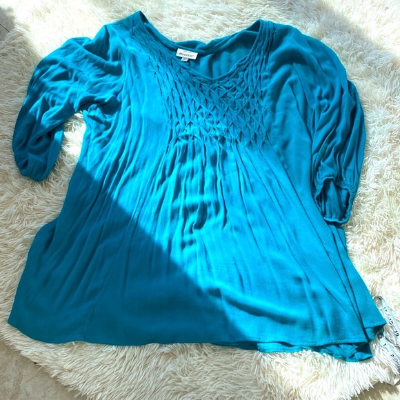 AVENUE TEAL TURQUOISE V-NECK PEASANT BLOUSE CRINKLE TOP PUFFED SLEEVES S… - Picture 1 of 9